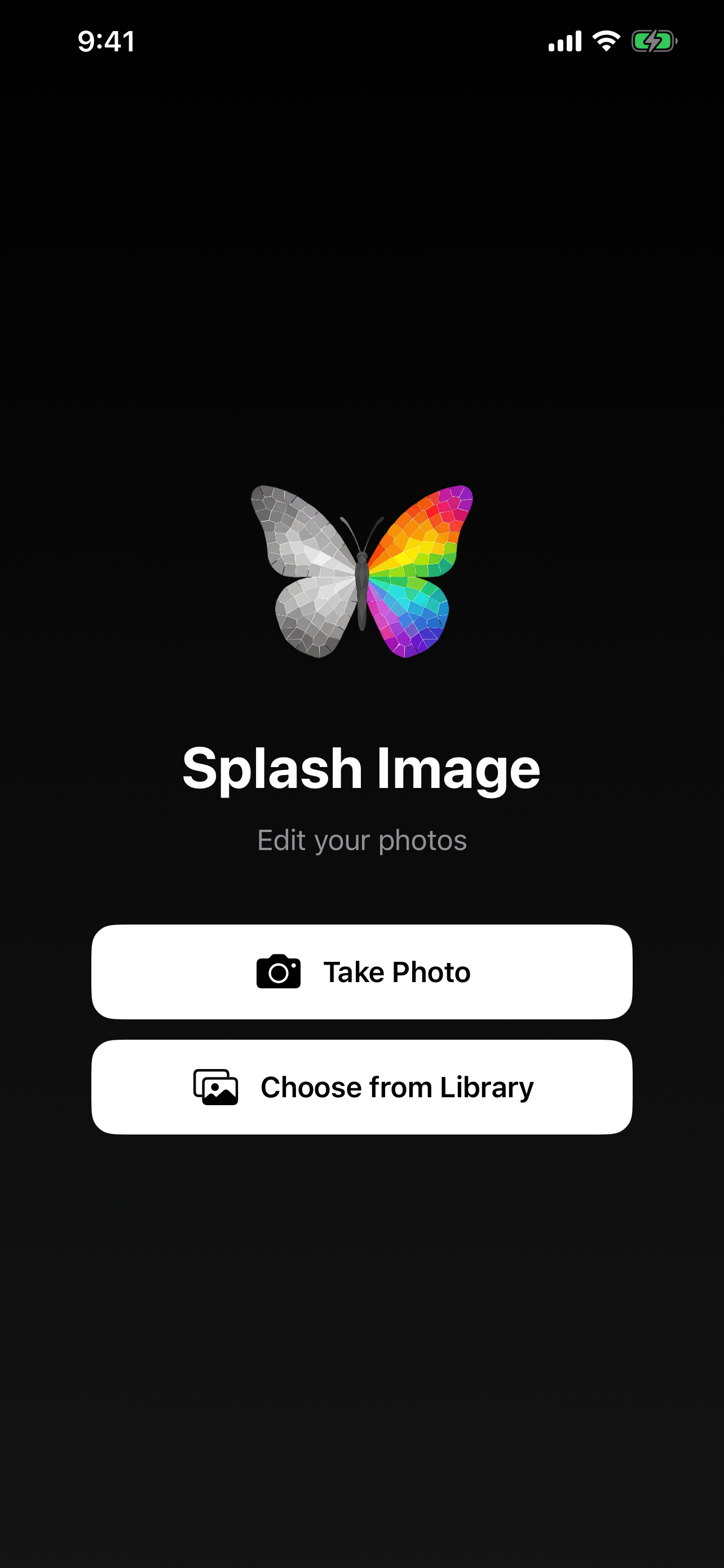 Splash Image home screen with Take Photo and Choose from Library buttons