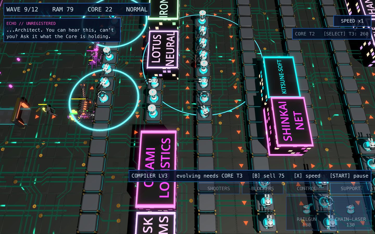 Rows of Quarantine Blocks forming a maze, with nodes firing along it