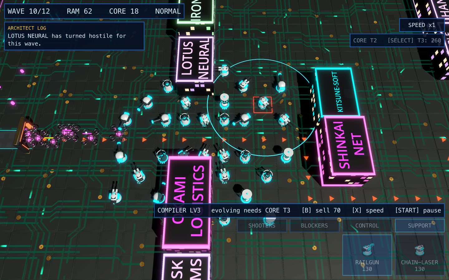 A dense defence of Compiler nodes around a route through a neon circuit-board city
